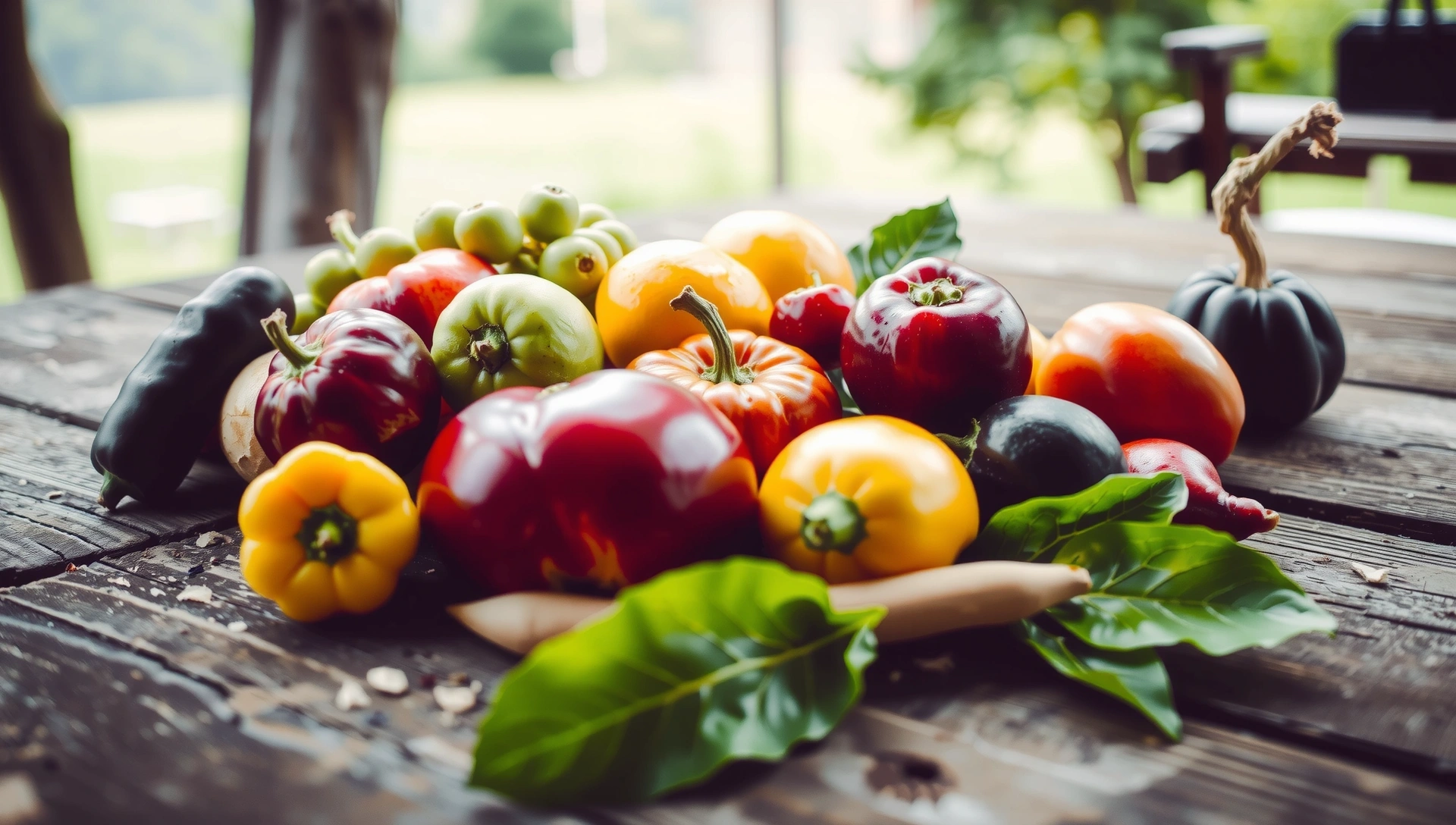 Fruits frais, légumes verts et paysage serein symbolisant la santé naturelle et la vitalité