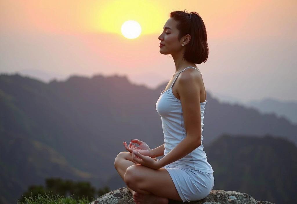 Femme méditant au lever du soleil, symbole de paix intérieure et d'énergie naturelle.