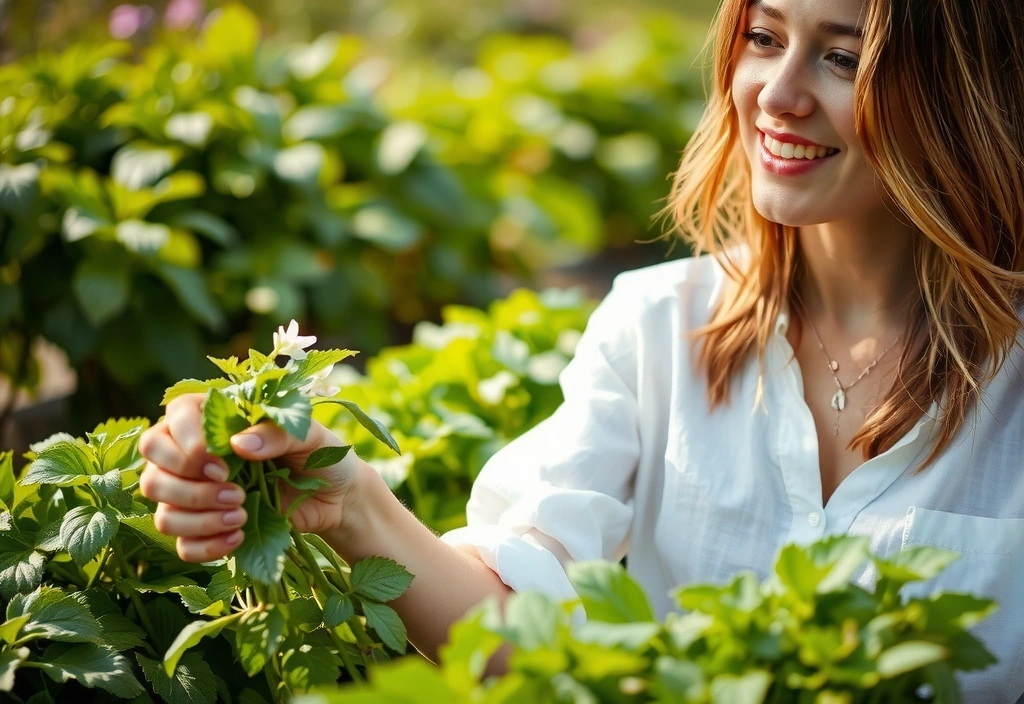 Une femme souriante cueillant des herbes médicinales dans un jardin ensoleillé